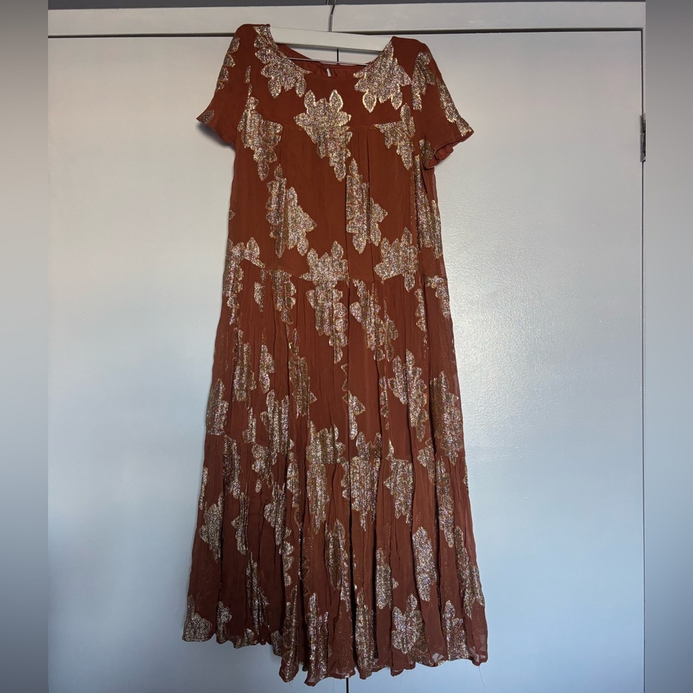 Anthropologie Rust Maxi Dress with Metallic floral embroidery